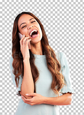 Buy stock photo Phone call, funny and woman with communication, talking  and model isolated on a transparent background. Smartphone, female person or girl with humor, joke or mobile with png, connection or network
