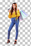 Woman with paper bag, shopping and happy with credit card for payment, retail and commerce on pink background. Customer, buy product at store or boutique, promotion and female with smile in studio