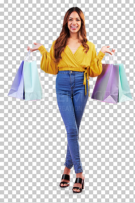 Buy stock photo Portrait, retail and happy with woman and shopping bag on png for luxury, boutique or fashion. Cosmetics, deal and store with customer isolated on transparent background for product, smile and sale