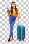Suitcase, passport and woman portrait isolated on pink background for USA travel vacation, immigration or holiday. Identity documents, flight ticket and body of biracial person and luggage in studio
