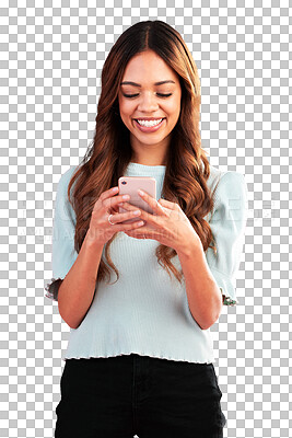 Buy stock photo Phone, smile and chatting woman on social media, online or internet isolated in a transparent or png background. App, smartphone and female person happy for communication, subscription on website