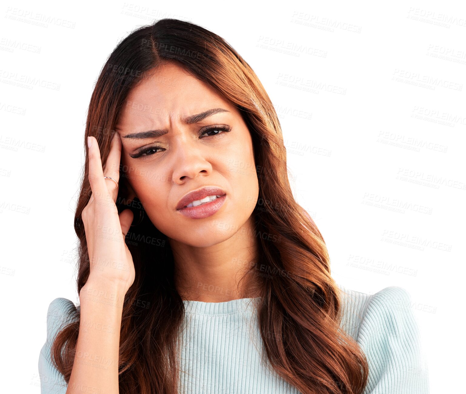 Buy stock photo Portrait, stress or woman with headache, anxiety or burnout isolated on transparent png background. Exhausted, sad person or face of tired girl frustrated by head pain, depression or migraine crisis