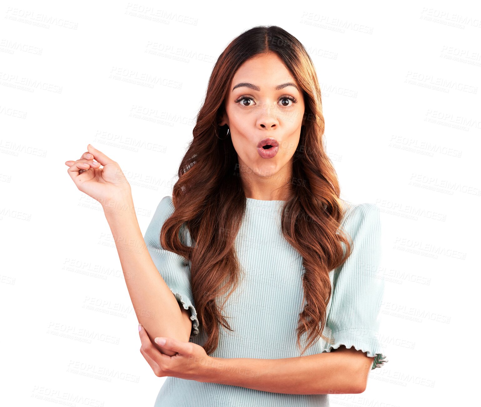 Buy stock photo Pointing, portrait and woman with surprise, wow and news isolated on a transparent background. Face, person or model with gesture, expression and shock for sale or promotion deal, announcement or png