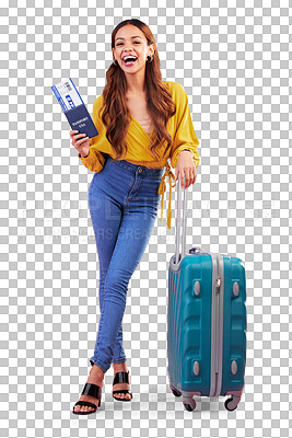 Buy stock photo Suitcase, passport and portrait of woman isolated on transparent png background for international travel, immigration and holiday. Identity documents, USA flight ticket and happy model with luggage