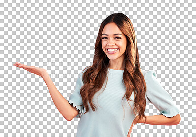 Buy stock photo Portrait, product placement or happy woman with hand for advertising, marketing and branding. Palm, smile or person with gesture isolated on transparent png background to show choice or promotion