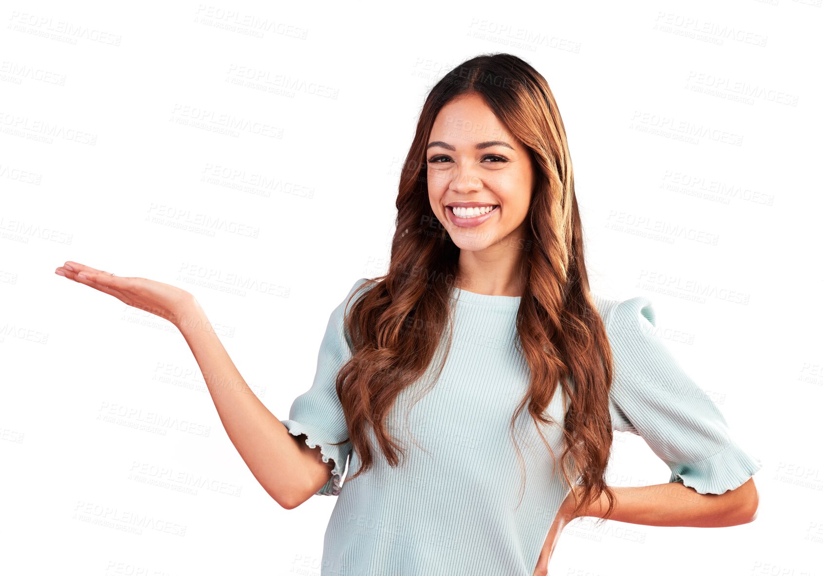 Buy stock photo Portrait, product placement or happy woman with hand for advertising, marketing and branding. Palm, smile or person with gesture isolated on transparent png background to show choice or promotion