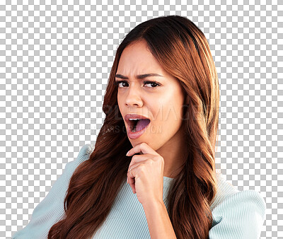 Buy stock photo Portrait, shock and woman with announcement, omg and expression isolated on a transparent background. Face, female person and model with gossip, surprise and png with news, confused and notification