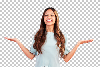 Buy stock photo Comparison, choice of woman and happy with decision isolated on a transparent png background. Palm space, balance and person smile in marketing presentation, promotion or advertising product mockup