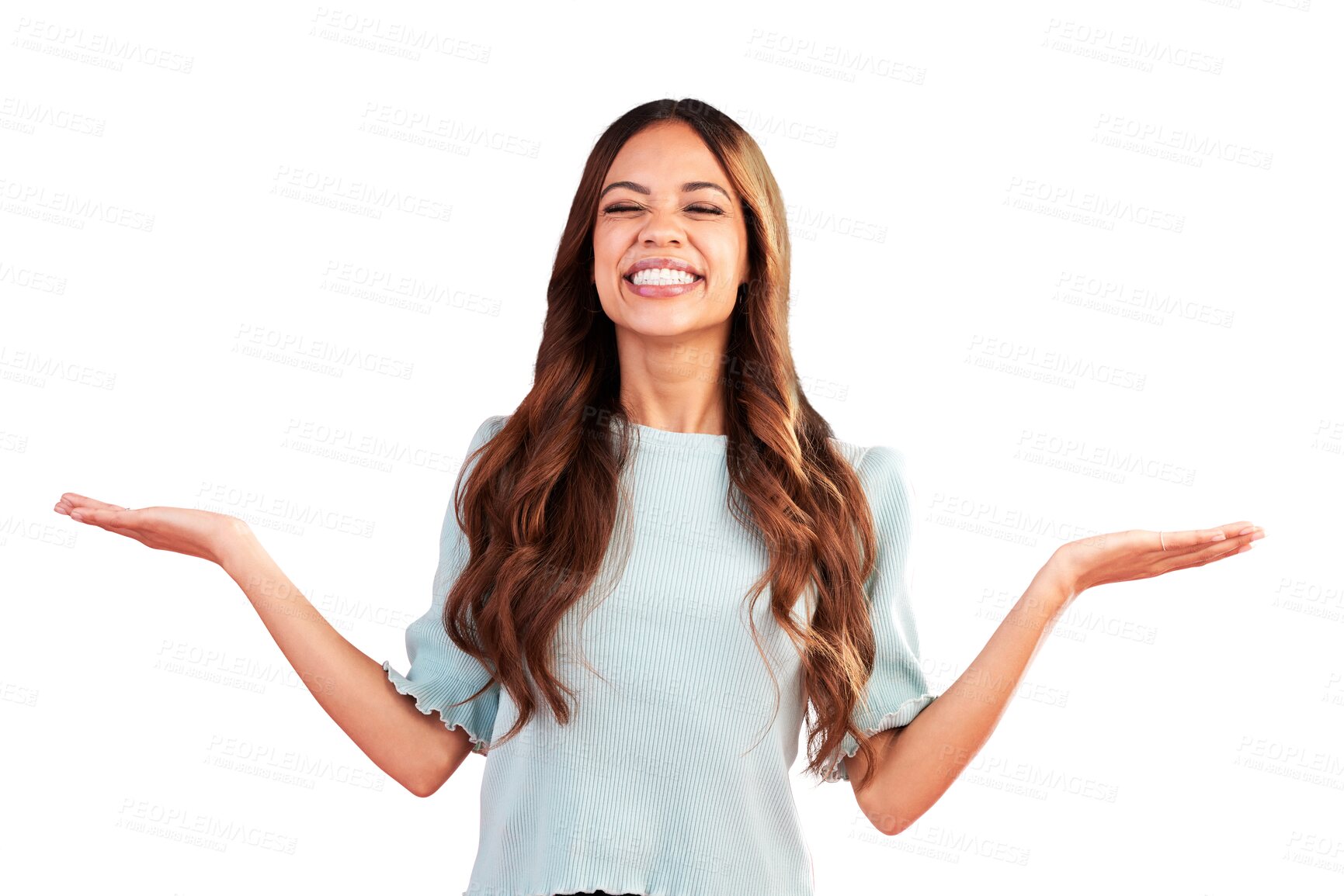 Buy stock photo Comparison, choice of woman and happy with decision isolated on a transparent png background. Palm space, balance and person smile in marketing presentation, promotion or advertising product mockup