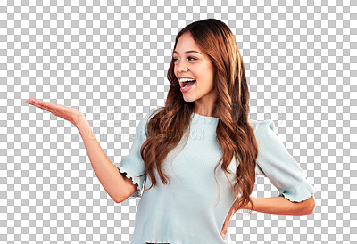 Buy stock photo Excited, woman and palm space for mockup isolated on a transparent png background. Smile, advertising and happy person with product placement for promotion, hand presentation and commercial marketing