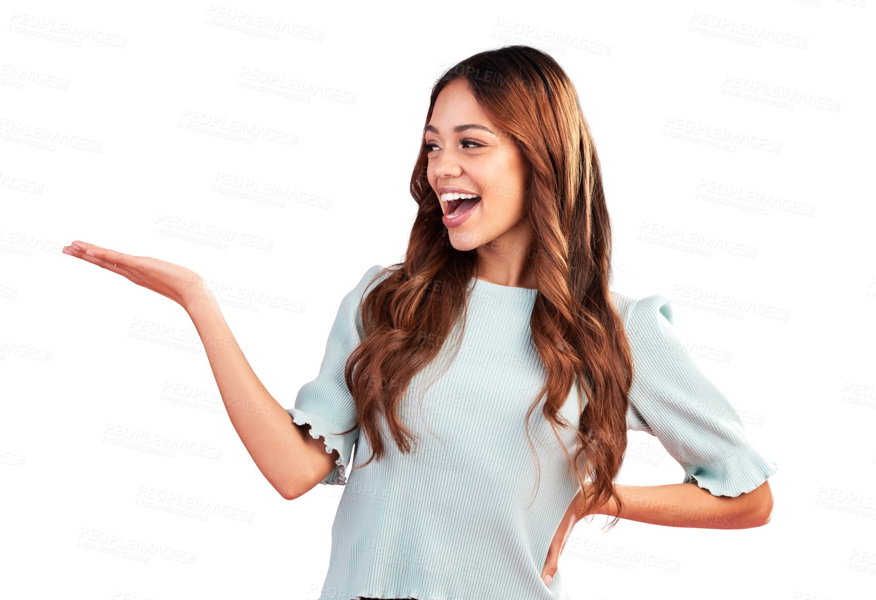 Buy stock photo Excited, woman and palm space for mockup isolated on a transparent png background. Smile, advertising and happy person with product placement for promotion, hand presentation and commercial marketing