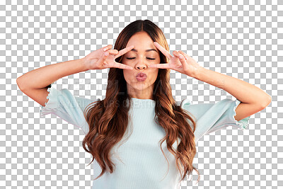 Buy stock photo Peace hands, kiss and face of woman isolated on a transparent png background for funny emoji. Happy gen z female model show v sign with confidence, icon and symbol for pride, good mood and freedom
