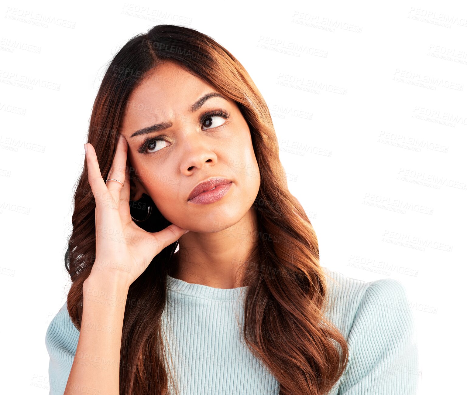Buy stock photo Thinking, doubt and woman frustrated isolated on transparent png background with hand on head. Mental health, stress and ideas, confused model brainstorming problem, brain fog and planning solution.