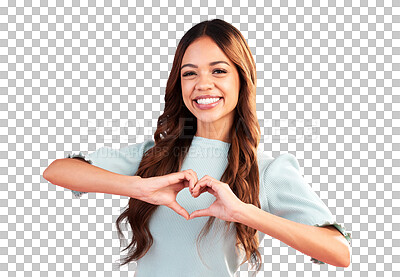Buy stock photo Happy portrait, heart and hands of woman for care, kindness and charity donation isolated on transparent png background. Face, model and smile with finger, shape and icon of love, thank you and emoji