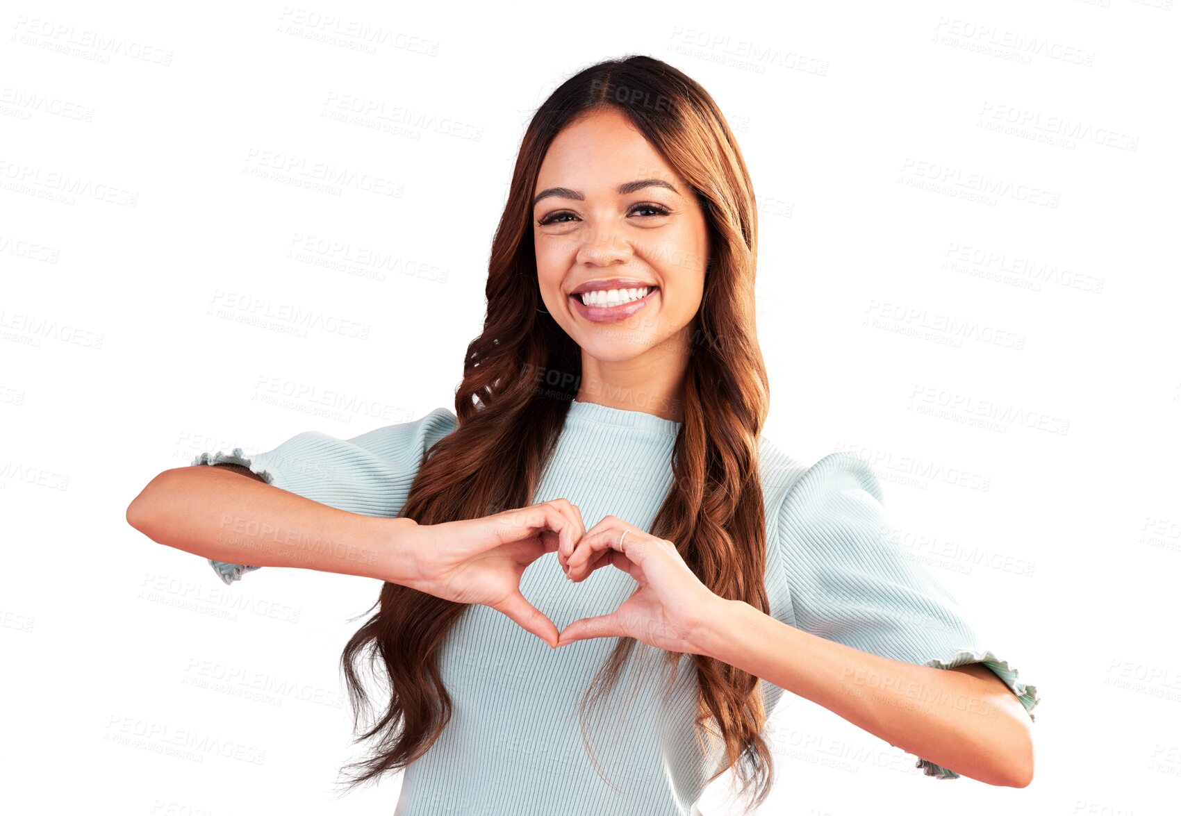 Buy stock photo Happy portrait, heart and hands of woman for care, kindness and charity donation isolated on transparent png background. Face, model and smile with finger, shape and icon of love, thank you and emoji