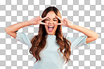 Peace sign, screaming and funny woman in studio isolated on a pink background. Hand gesture, shouting and crazy, beauty and happy mixed race female model with v symbol for comic expression or emoji.