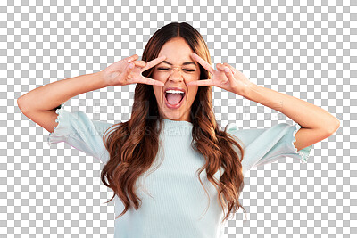 Buy stock photo Peace sign, winning and happy woman in celebration isolated in transparent or png background. Hand gesture, congratulations and crazy young female person with v symbol for comic expression or emoji