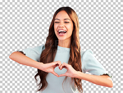 Buy stock photo Laughing, happy and heart with hands of woman for care, kindness and charity donation isolated on transparent png background. Female model with finger, shape and icon of love, emoji or funny flirting