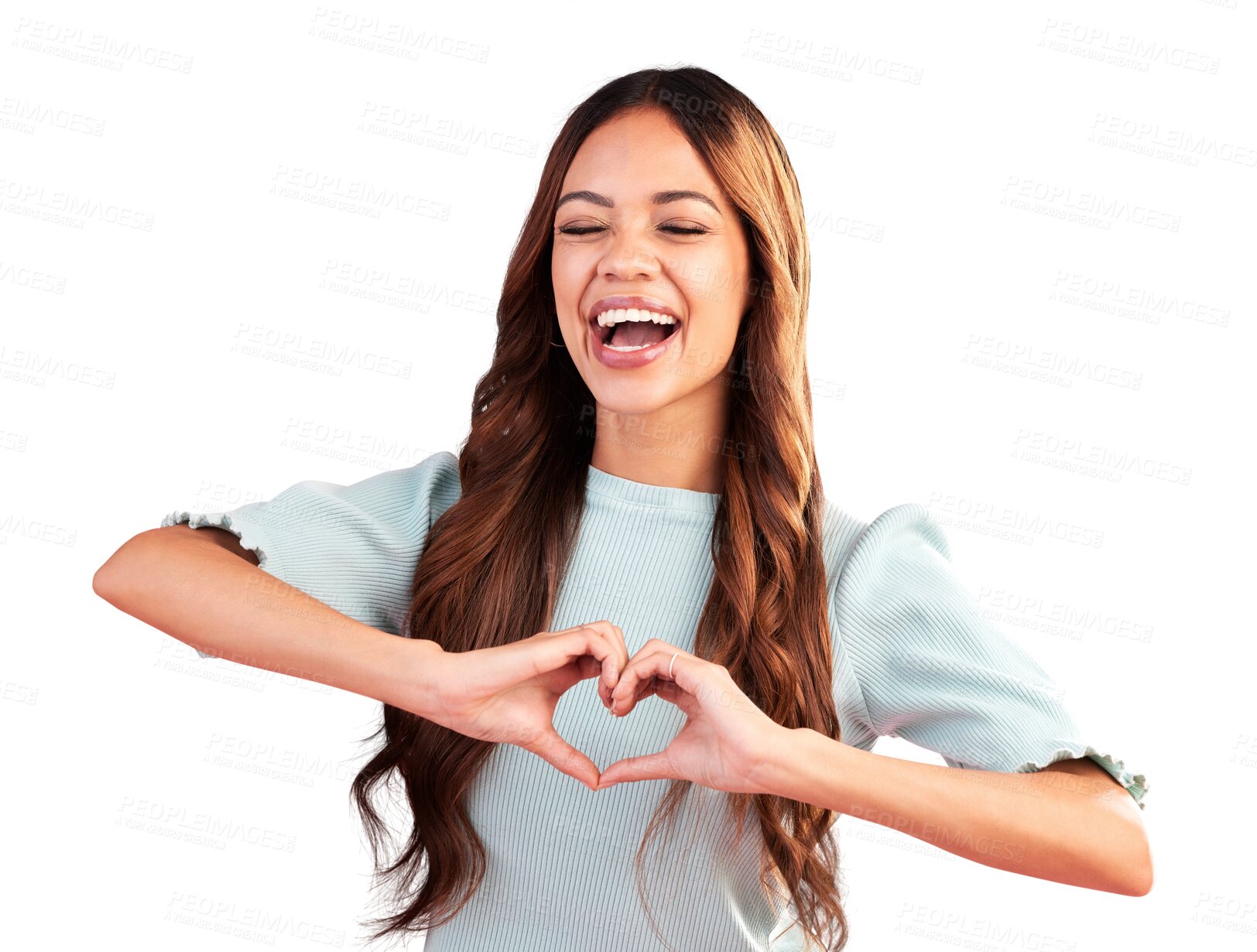 Buy stock photo Laughing, happy and heart with hands of woman for care, kindness and charity donation isolated on transparent png background. Female model with finger, shape and icon of love, emoji or funny flirting