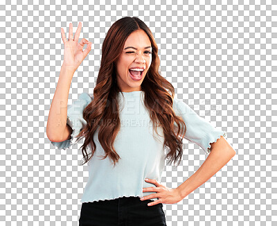 Wink, studio and female with a perfect hand gesture, excitement and positive face expression. Happy, smile and young woman model from Colombia with a ok sign language isolated by a pink background.