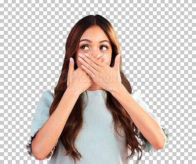 Quiet, surprise and a beautiful woman with a secret isolated on a pink background in a studio. Wow, embarrassed and a girl covering her mouth with a hand for gossip, expression and amazement