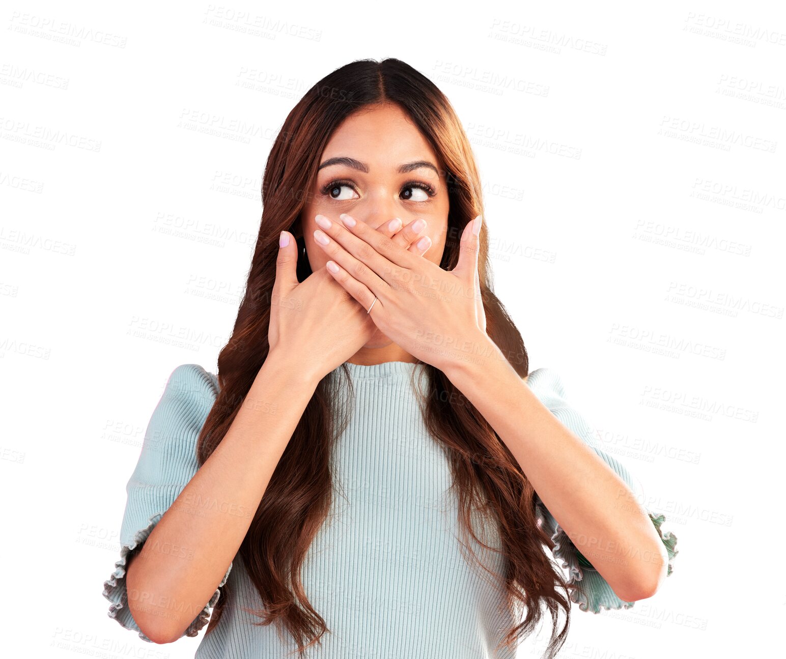 Buy stock photo Quiet, surprise or woman shocked by a secret story isolated on transparent on png background. Wow, wtf or embarrassed person covering mouth with hands thinking of gossip, omg expression or fake news