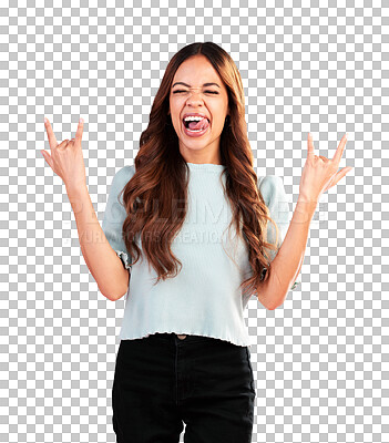 Buy stock photo Crazy, rock and woman sign with hand at music, concert or excited for metal festival on transparent, isolated or png background. Wild, fan and hands in gesture for rocker, devil or emoji for punk