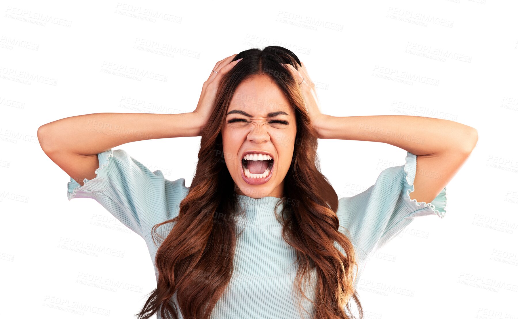 Buy stock photo Frustrated woman, angry and hands holding head from stress or anxiety isolated on a transparent PNG background. Female person screaming with mental health problem, panic attack or anger management