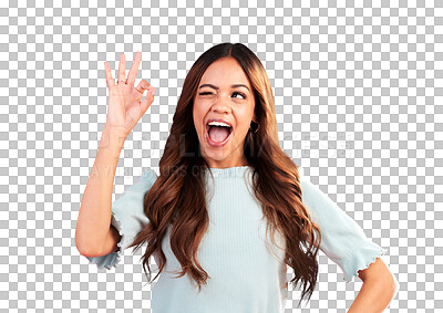 Buy stock photo Okay, wink and sign with portrait of woman on png for like, support and motivation. Yes, emoji and agreement with face of person isolated on transparent background for wow, excited and opinion