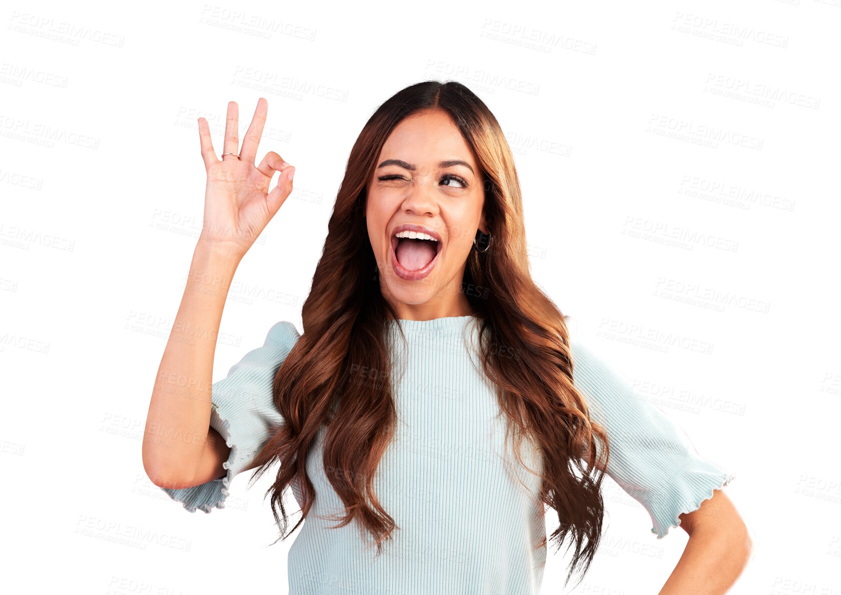 Buy stock photo Okay, wink and sign with portrait of woman on png for like, support and motivation. Yes, emoji and agreement with face of person isolated on transparent background for wow, excited and opinion