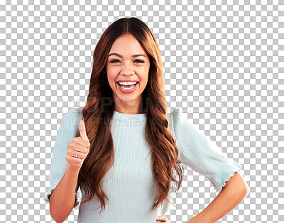 Buy stock photo Thumbs up, portrait and success of woman isolated on a transparent png background for winning news. Happy female model, ok emoji and likes for feedback, review and vote yes in agreement of promotion 