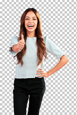 Buy stock photo Thumbs up, portrait and success of laughing woman isolated on transparent png background for winning news. Happy model, okay emoji and like for feedback, review and vote yes in agreement of promotion