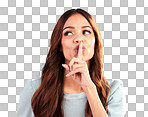 Privacy, secret and woman with finger on lips in studio isolated on a pink background. Shush, silence and female model with emoji or hand gesture for quiet, mute or gossip, whisper or confidential.