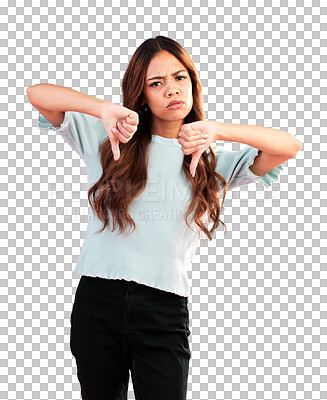 Buy stock photo Portrait, sad woman and thumbs down for no, wrong or disapproval isolated on a transparent PNG background. Female person with finger, expression and emoji sign for disagreement, bad news or reject