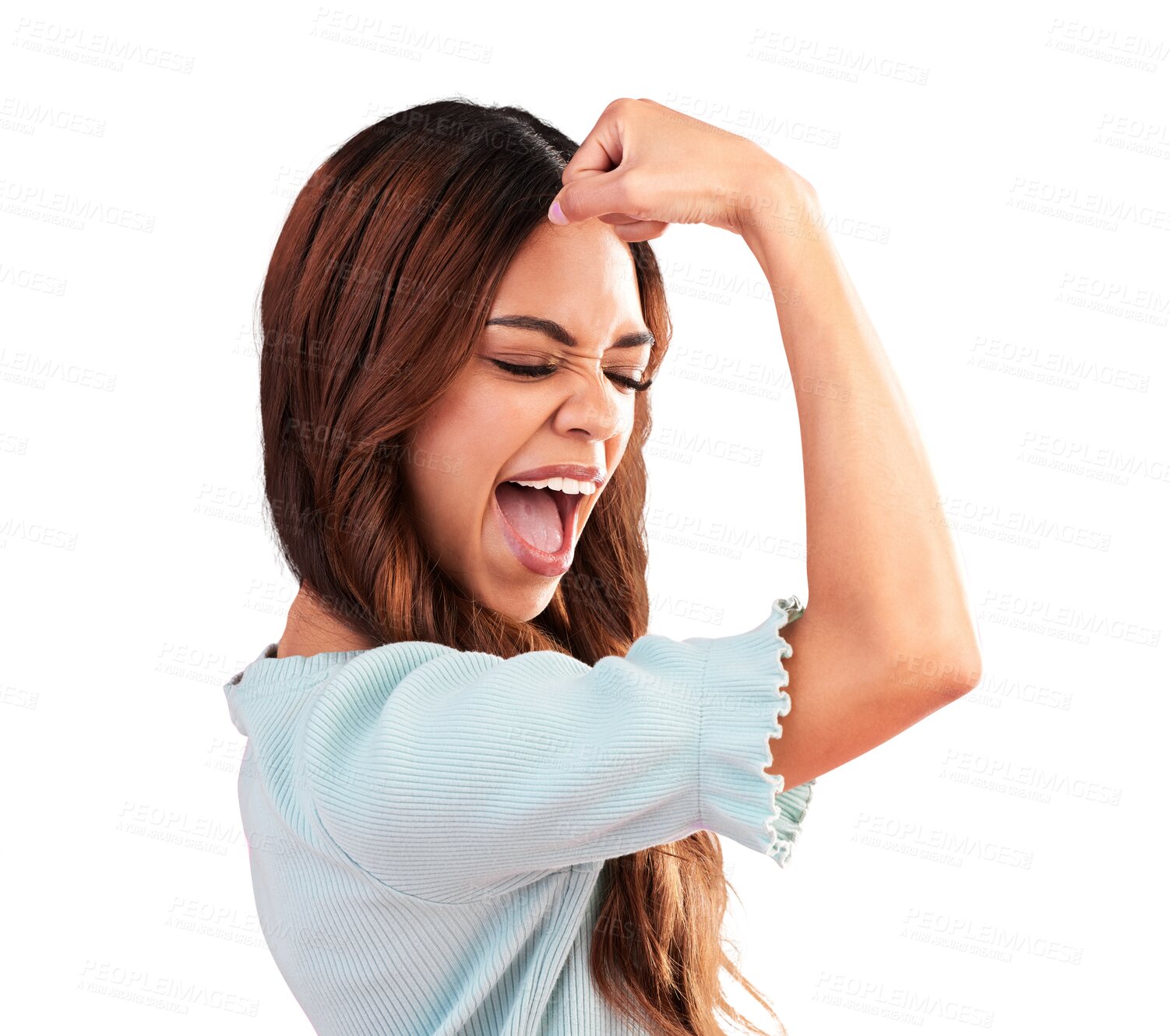 Buy stock photo Strong, proud and woman flexing for feminism power, women empowerment and smile. Arms, excited girl and young female model posing to show her strength isolated on a transparent, png background