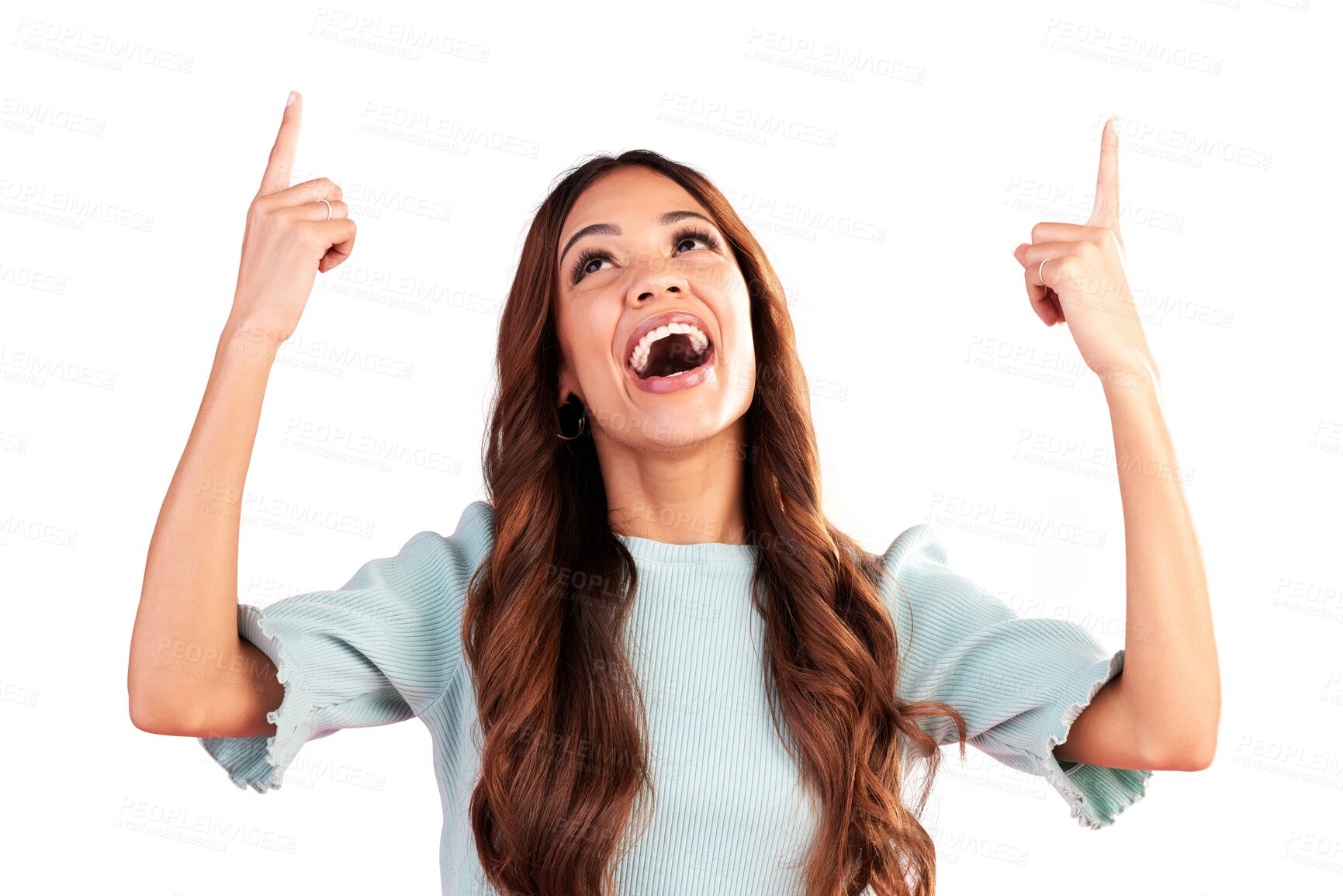 Buy stock photo Smile, pointing up or woman excited by a sale, deal or discount isolated on transparent png background. Advertising, happy or person showing product placement, promotion offer or retail announcement