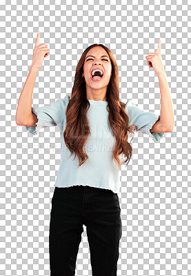 Buy stock photo Excited woman, pointing up and screaming in celebration for winning promotion isolated on a transparent PNG background. Happy female person smile and show for bonus prize, discount sale or good news
