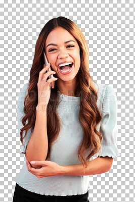 Woman, phone call and laughing with communication and technology, funny conversation on pink background. Happiness, young female with smile and connection with network, talking on mobile in studio
