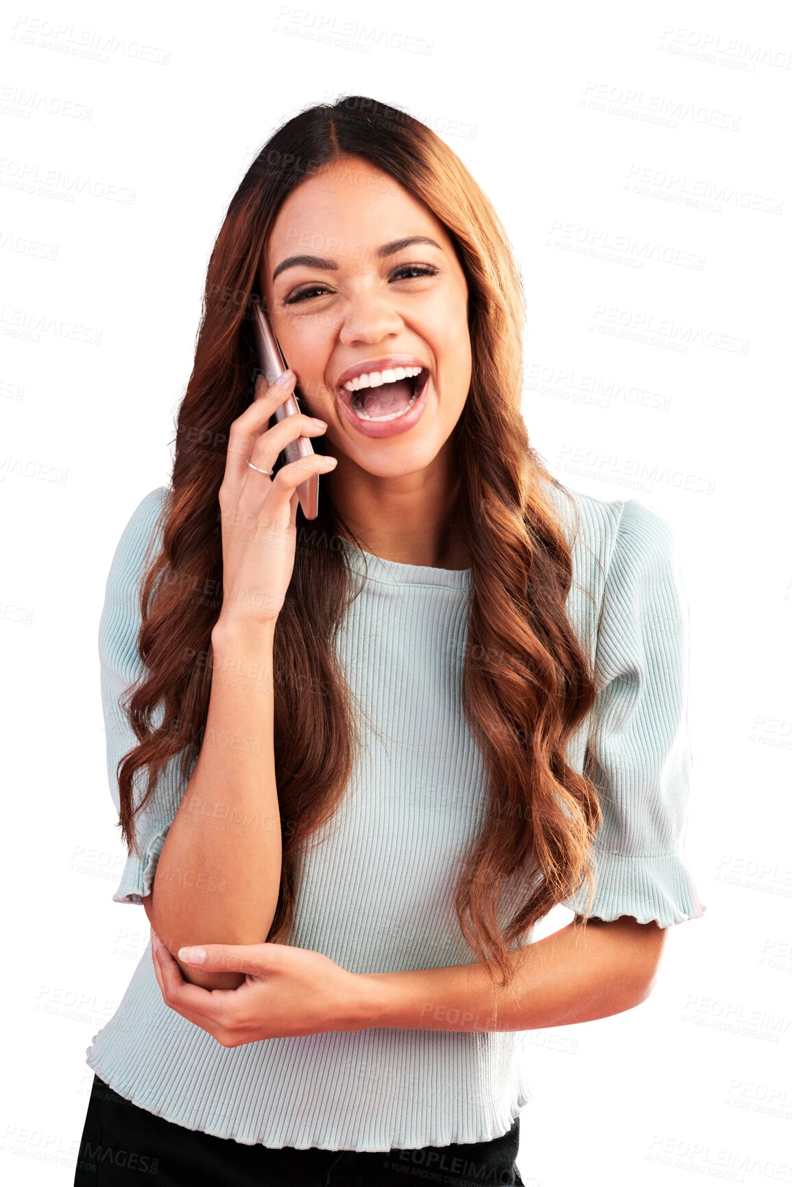 Buy stock photo Phone call, funny and woman with communication, connection and model isolated on a transparent background. Technology, female person or girl with humor, portrait or talking with png, smile or network