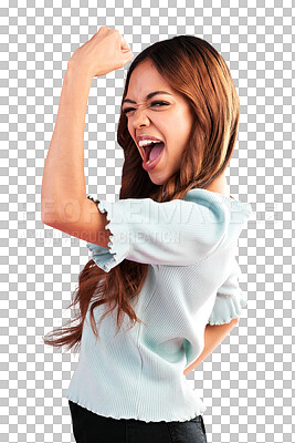 Buy stock photo Strong, proud portrait and woman flexing for feminism power, empowerment and smile. Arms, excited girl and young female model showing muscle strength isolated on a transparent, png background