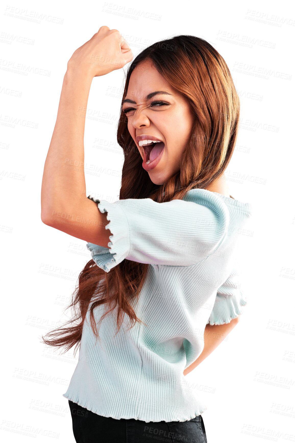 Buy stock photo Strong, proud portrait and woman flexing for feminism power, empowerment and smile. Arms, excited girl and young female model showing muscle strength isolated on a transparent, png background