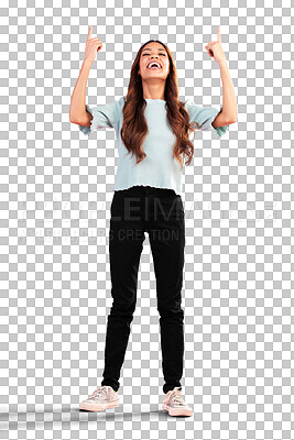 Buy stock photo Announcement, pointing up or happy woman with a sale, deal or offer isolated on transparent png background. Full body, smile or excited person advertising a discount, promotion or logo commercial