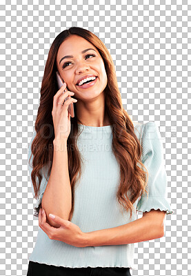 Buy stock photo Happy, woman and phone call for communication, talking gossip or chat while isolated on transparent png background. Female person, smartphone and smile for mobile conversation, contact and networking