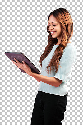 Buy stock photo Search, tablet and business woman isolated on transparent png background, smile and schedule on company website. Internet, digital app and businesswoman reading email, social media or online review.