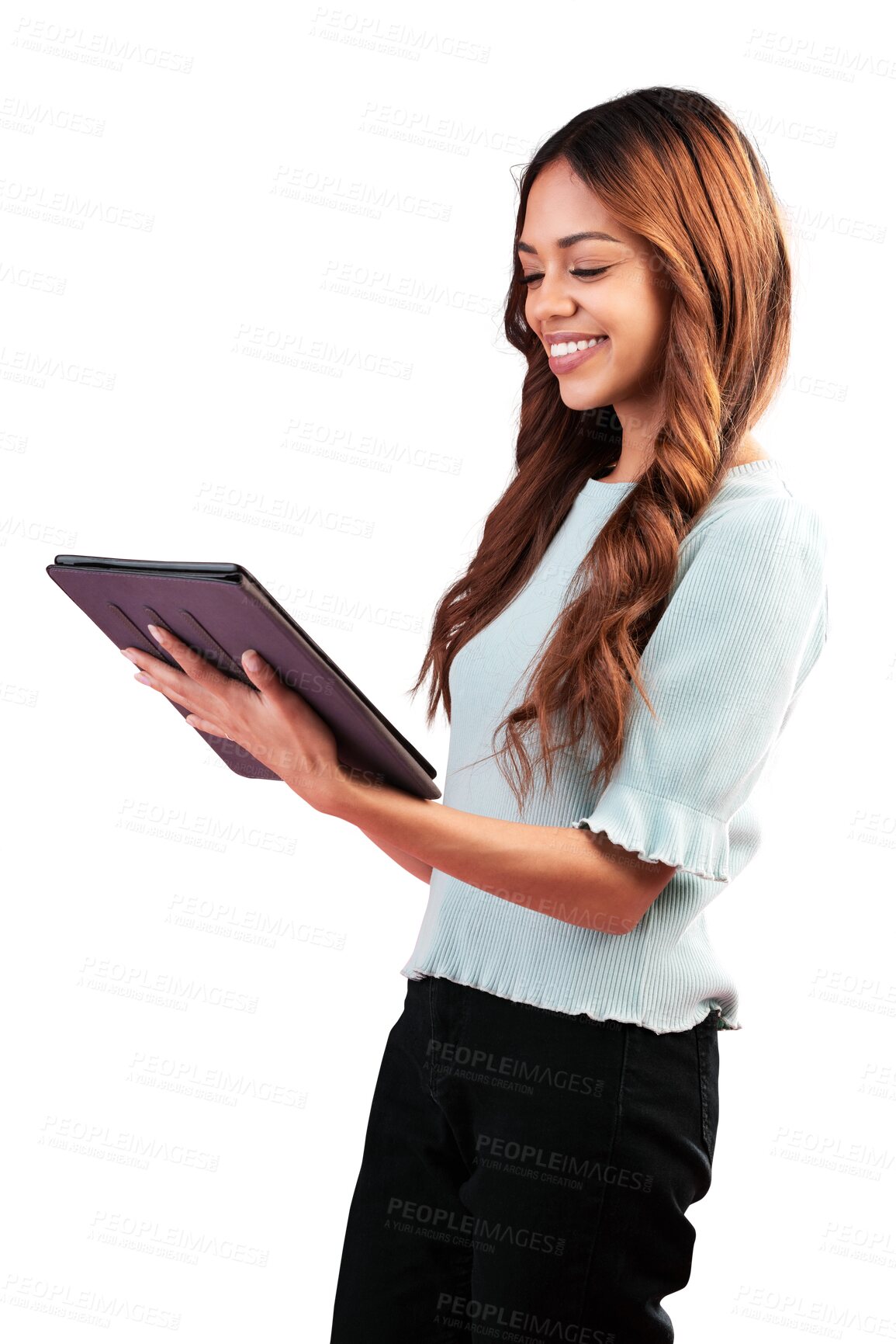 Buy stock photo Search, tablet and business woman isolated on transparent png background, smile and schedule on company website. Internet, digital app and businesswoman reading email, social media or online review.