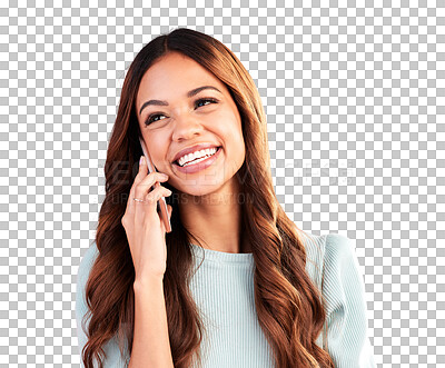Buy stock photo Phone call, smile and woman with communication, network or model isolated on a transparent background. Cellphone, female person or girl with humor, conversation or talking with png, connection or app