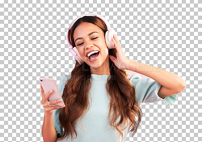 Music headphones, phone and woman singing in studio isolated on a pink background. Cellphone, radio singer and happy female with mobile streaming, enjoying and listening to audio, sound or podcast.