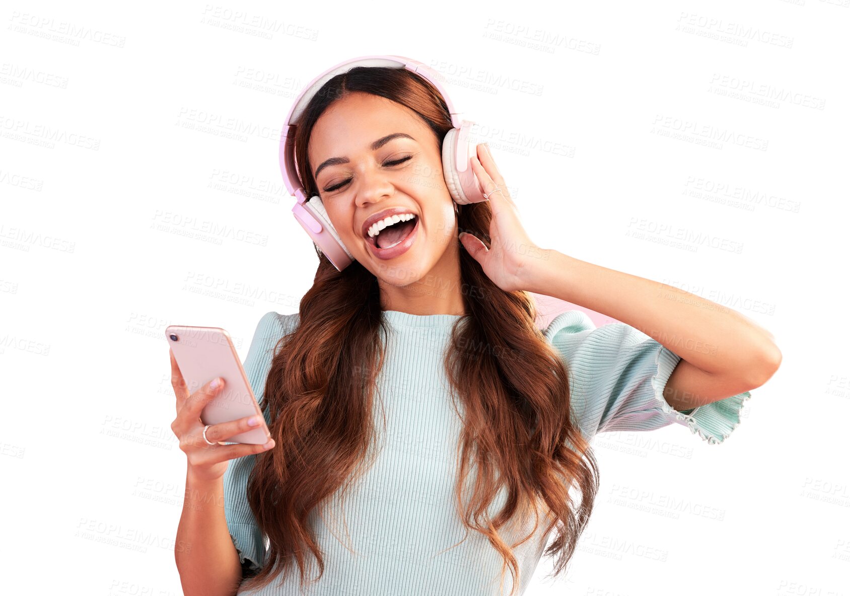 Buy stock photo Woman, headphones and singing with smartphone for music, fun app and isolated on transparent png background. Excited model, singer or listening to mobile radio, streaming sound and online audio media