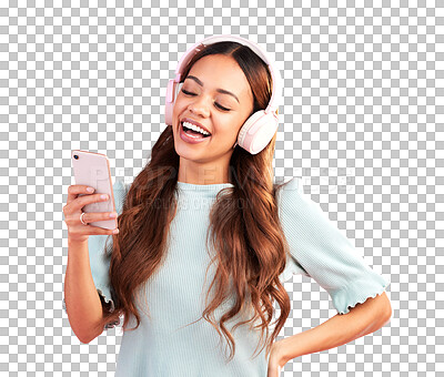 Phone, music headphones and woman singing in studio isolated on a pink background. Cellphone, radio singer and happy female with mobile streaming, laughing and listening to audio, sound or podcast.