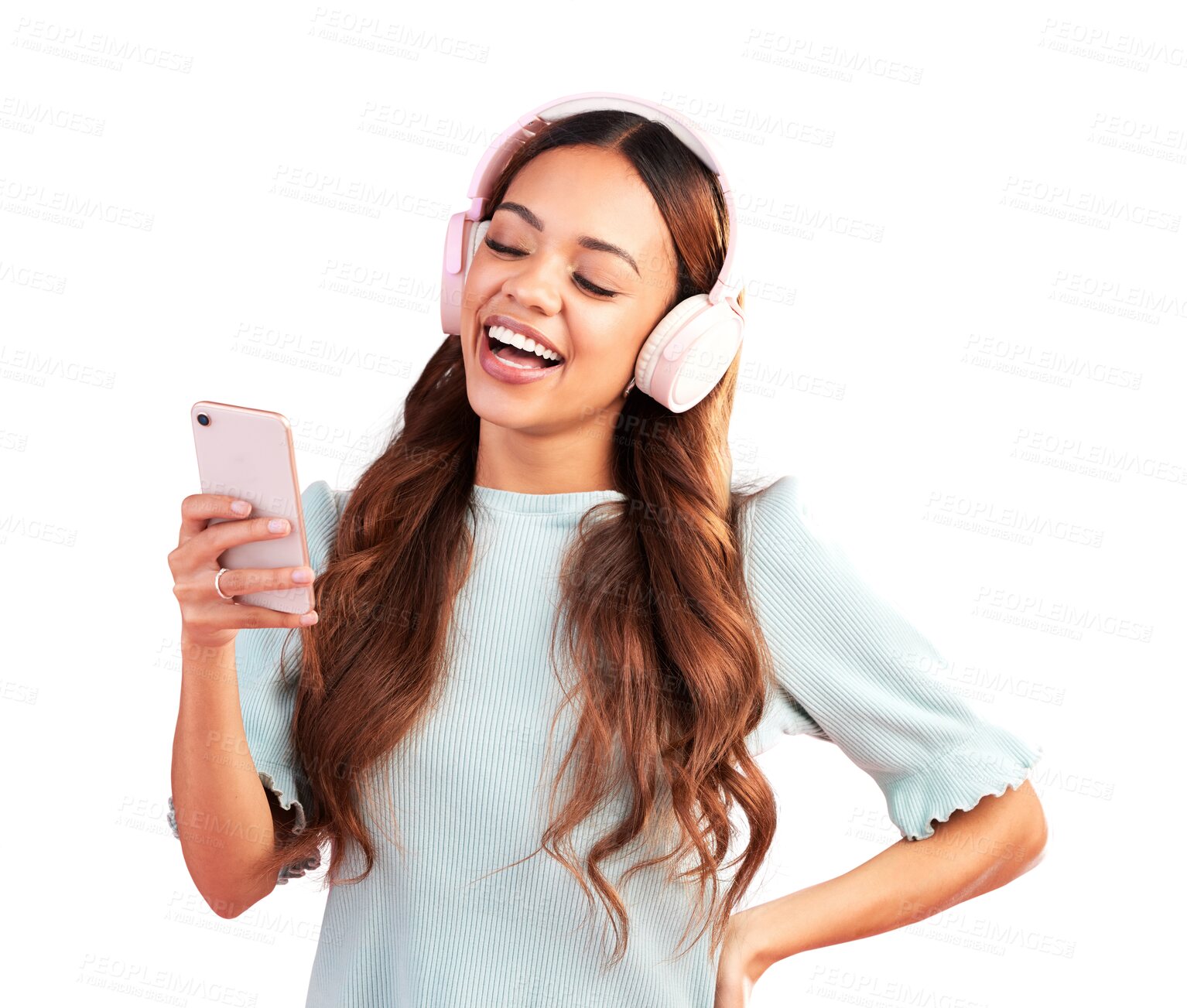 Buy stock photo Woman, headphones and singing with phone for music, app and isolated on transparent png background. Happy model, singer and listening to audio, streaming mobile sound and online radio media with tech